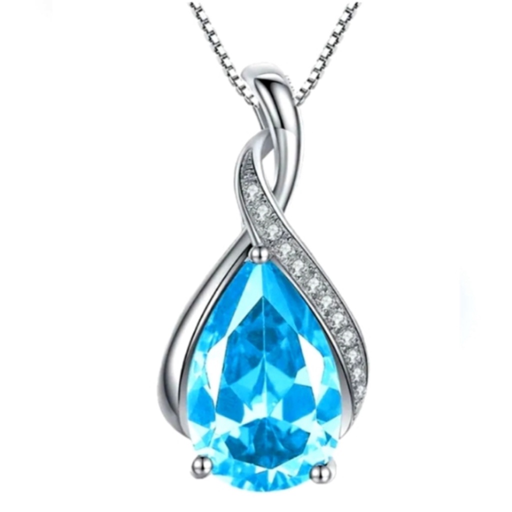 Sky Blue Simulated Topaz Teardrop Pendant / Silver Chain Necklace - New